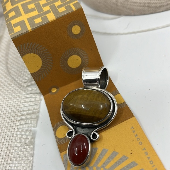 🌵 CII MEXICO 925 Silver - Vintage Tiger's Eye & Carnelian Pendant, 18.4g - Picture 8 of 16